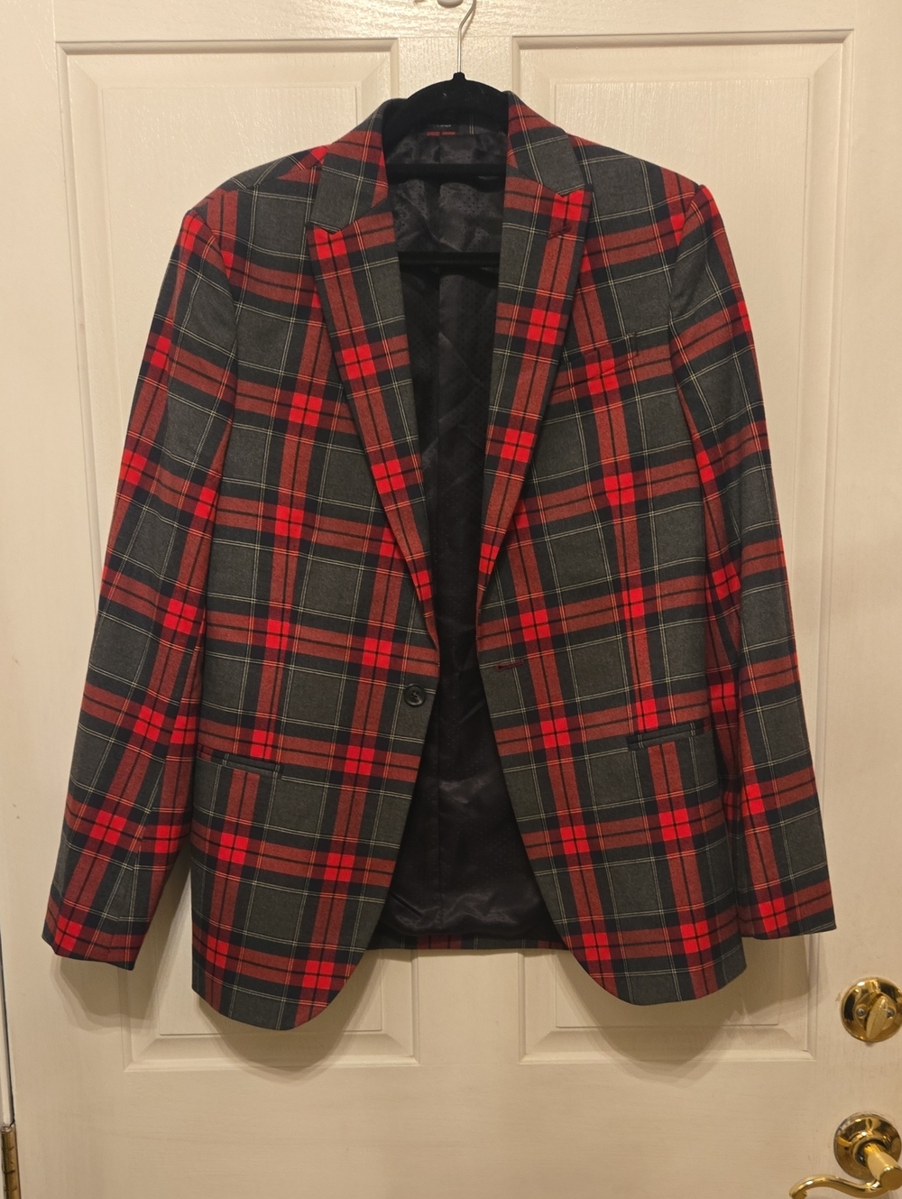 J. FERRAR Men's Red & Black Plaid Blazer - Tartan Sport Coat 38/40R Slim NWOT
